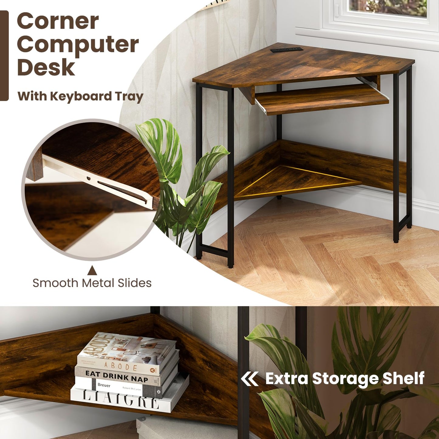 Corner Computer Desk, Triangle PC Laptop Table with Power Outlet and Storage Shelf, Brown, with Keyboard Tray