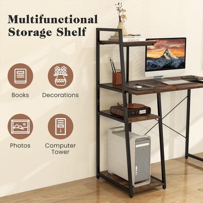 Computer Desk, 2-in-1 Bookshelf PC Workstation Laptop Table with 4 Tiers Storage Shelf