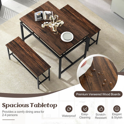 Dining Table with 2 Benches, 3 Piece Kitchen Table and Benches Set with Adjustable Foot Pads