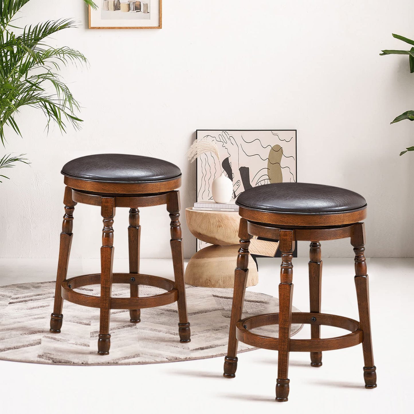 GiantexUK Bar Stools Set of 2, Swivel Upholstered PU Leather Barstools with Footrest