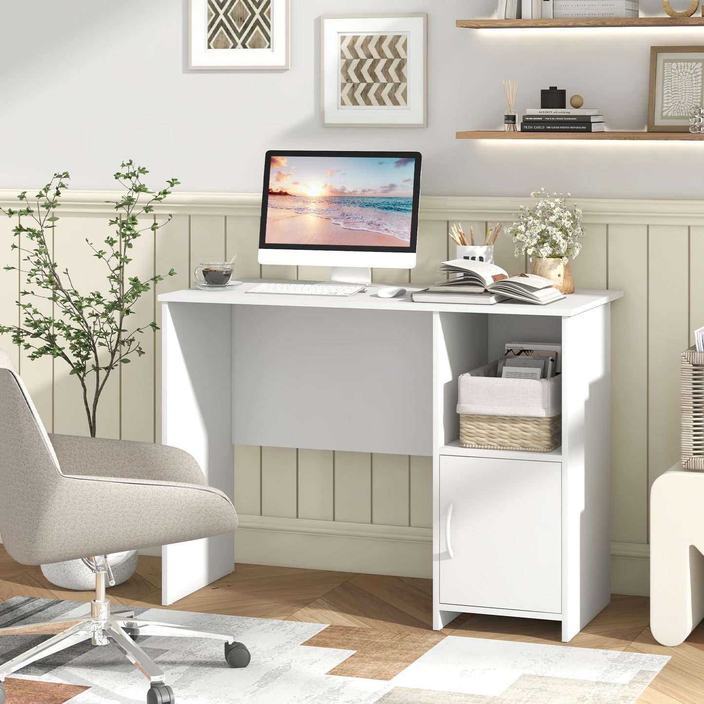 Compact Computer Desk, Small Wooden Study Writing Workstation with Open Compartment (with Door, 106 x 50 x 78cm)