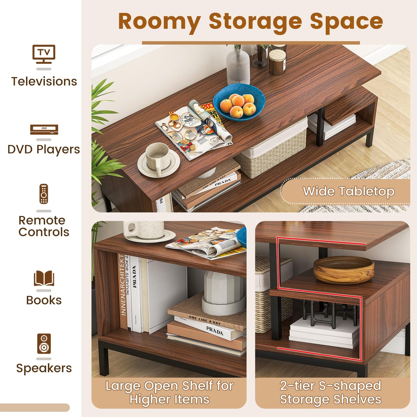 TV Stand for TVs up to 48 Inches, Industrial TV Cabinet Media Entertainment Center with Open Storage Shelves