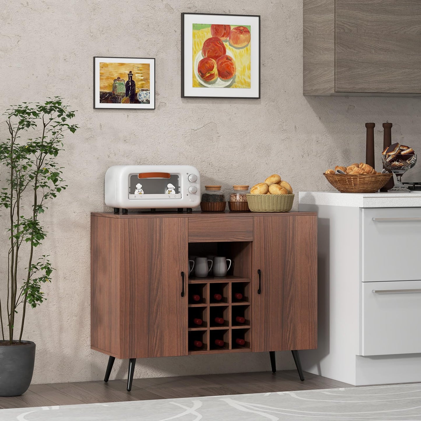 GiantexUK Wooden Buffet Sideboard, Wine Bar Cabinet with Adjustable Shelves, Detachable Wine Racks