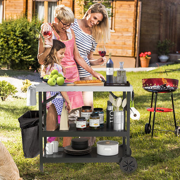 GiantexUK Folding Dining Cart, 3-Tier Mobile BBQ Table Trolley with Adjustable Shelf, Phone Stand