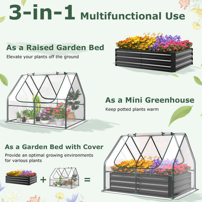 Raised Garden Bed with Greenhouse, Outdoor Elevated Planter Box with PVC Cover & Dual 2-Tier Roll-Up Windows