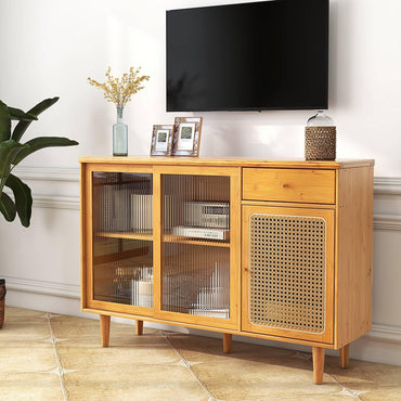 GiantexUK Buffet Storage Cabinet, Bamboo Kitchen Sideboard with 2 Tampered Glass Sliding Doors