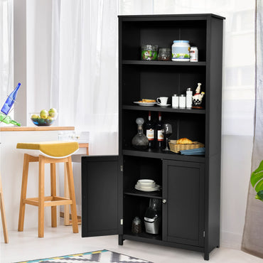 Wooden Storage Cabinet, Floor Standing Cupboard Tall Sideboard with 3-Tier Open Shelves and 2 Doors