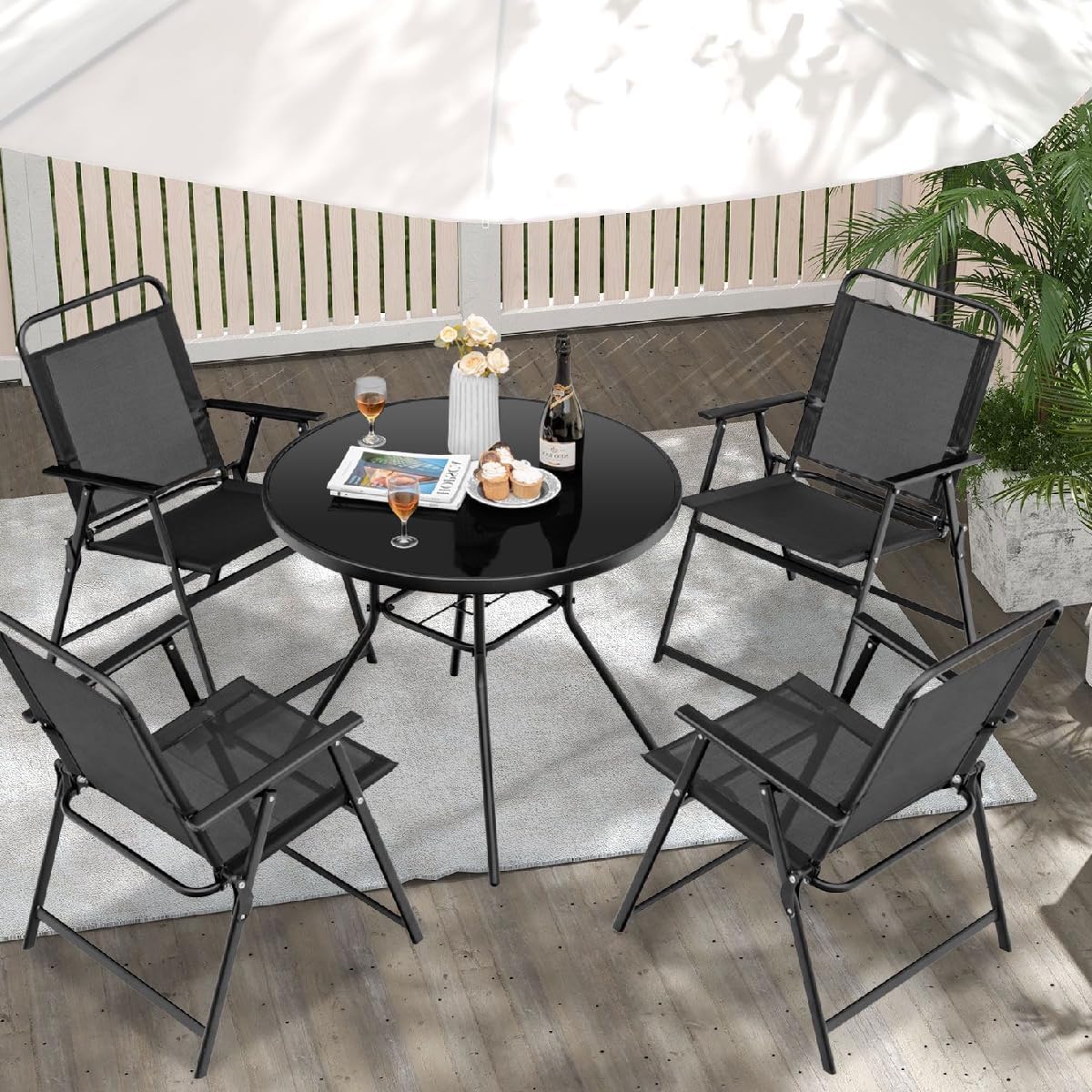 GiantexUK 4 PCS Outdoor Folding Chair, All-Weather Portable Patio Chair with Backrest, Armrest & Footrest (68 x 55 x 84cm)