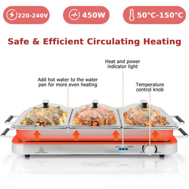 GiantexUK 450W Electric Buffet Server, Stainless Steel Temperature Adjustable Food Warmer with 3x2.5L Removable Sections