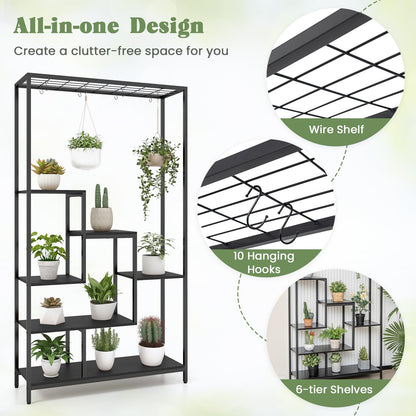 6-tier Tall Plant Stand, 180cm Metal Indoor Flower Pots Rack with 10 Hanging Hooks