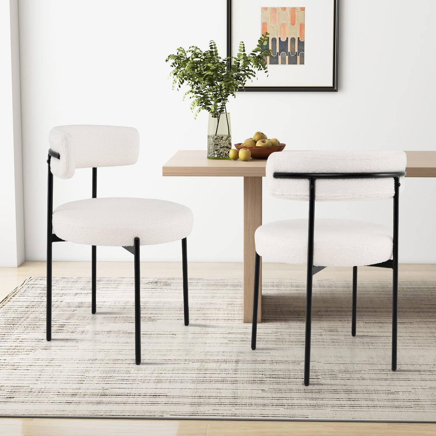 Boucle Dining Chair Set of 4, Upholstered Kitchen Chairs with Curved Backrest & Metal Legs