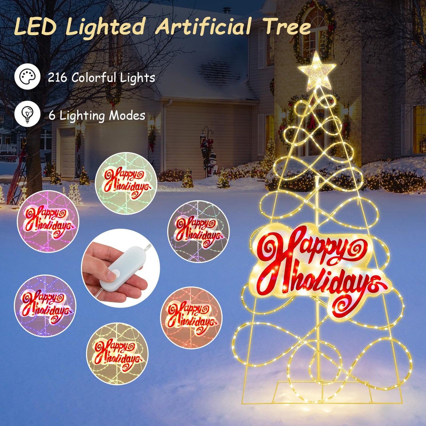 Color Changing Christmas Tree, 170cm Pre-Lit Artificial Xmas Tree with 216 LED Lights and 6 Lighting Modes