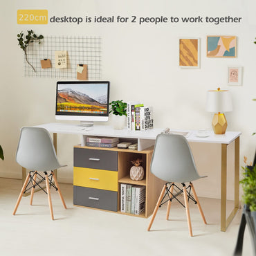 Computer Desk for Two Person, 2 in 1 Double Writing Study Workstation, 220x55x76cm