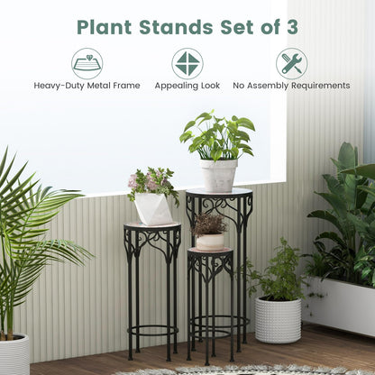 Set of 3 Metal Plant Stand, Round Stackable Flower Pot Holder with Ceramic Top & Anti-slip Foot Pads