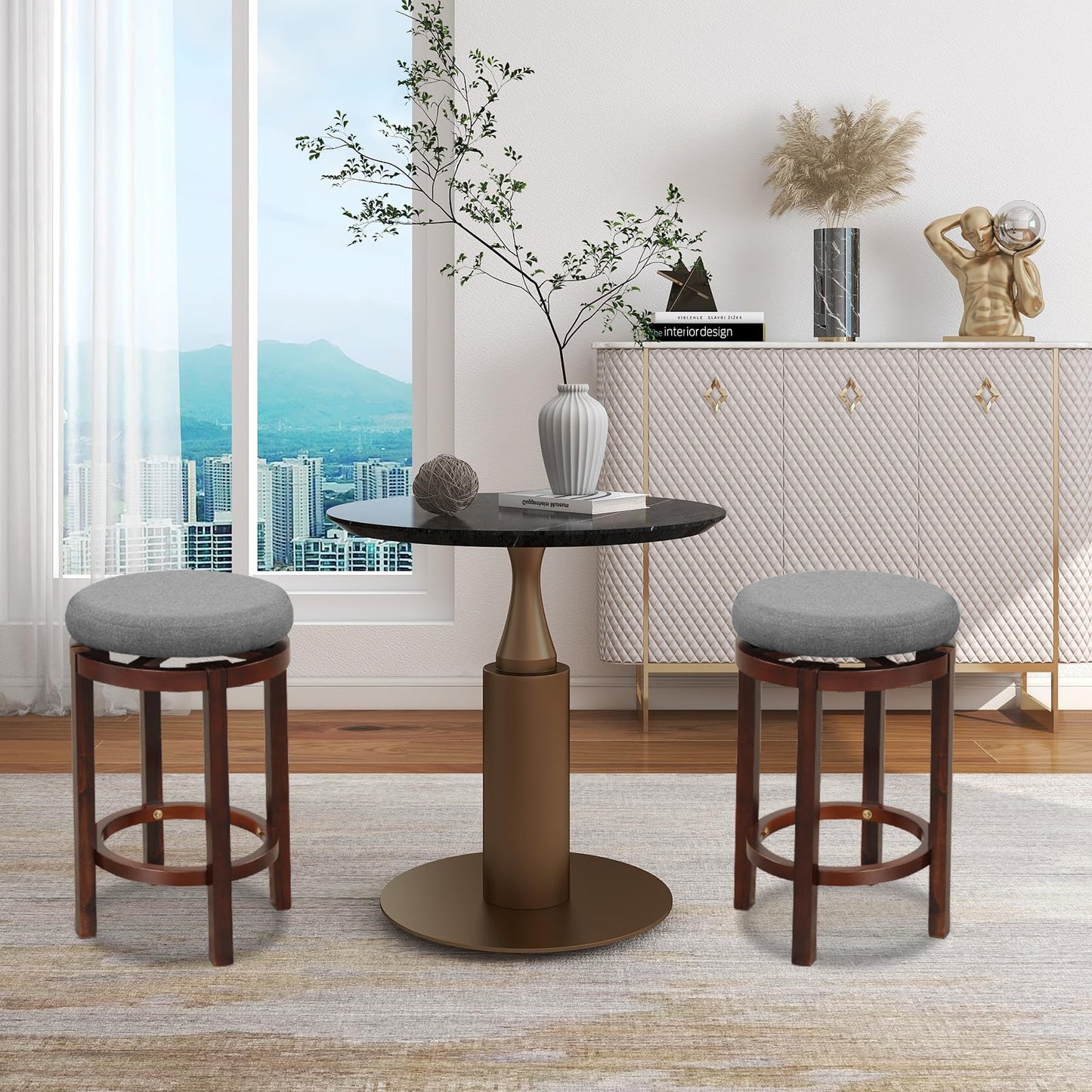 GiantexUK Bar Stools Set of 2/4, Upholstered Swivel Kitchen Barstools with Padded Cushion, Rubber Wood Legs & Footrest