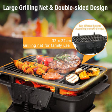 GiantexUK Cast Iron Charcoal Grill, Tabletop Barbecue Grill with Double-Sided Grilling Net, Air Regulation Door and Fire Gate