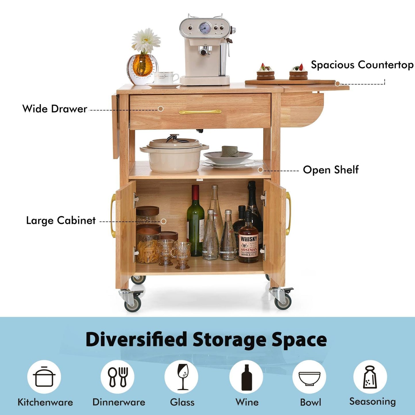 GiantexUK Kitchen Island on Wheels, Rolling Serving Trolley with Large Drawer, Open Shelf