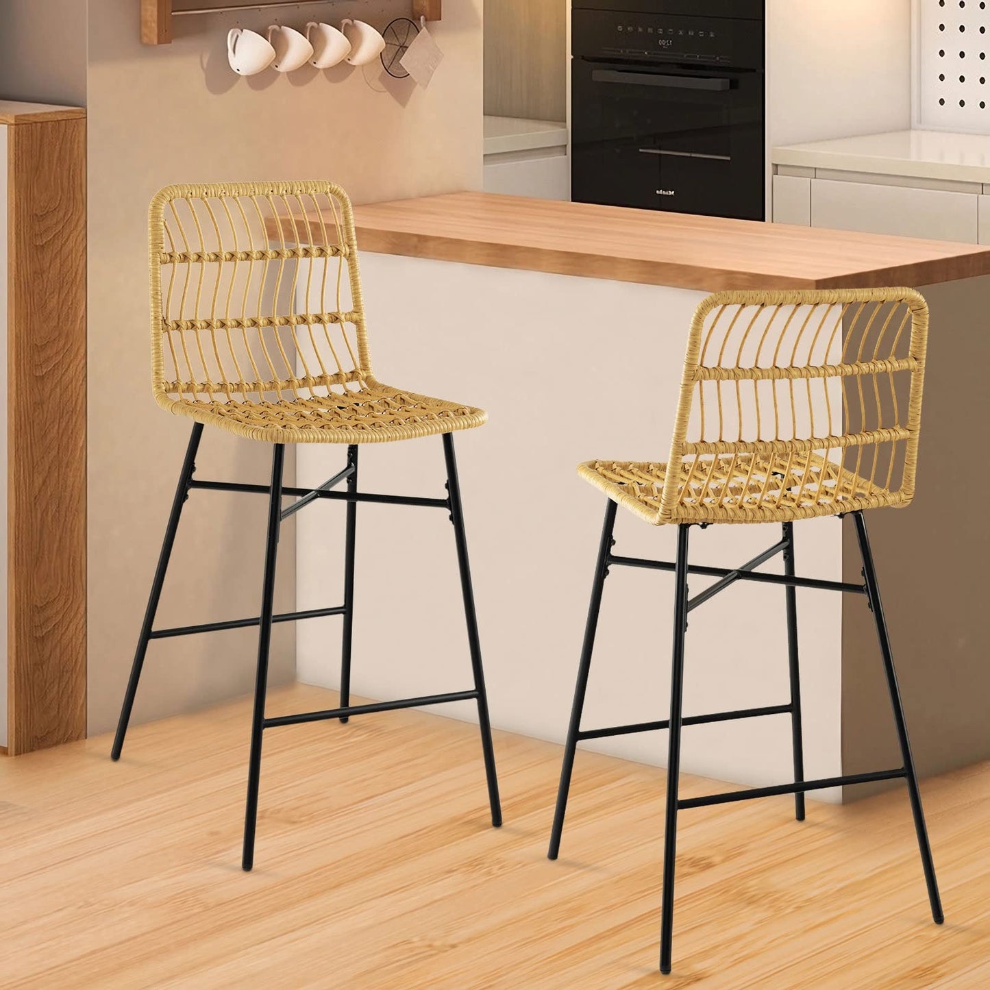 GiantexUK Bar Stools Set of 2, Metal Frame Rattan Bar Chairs with Backrest