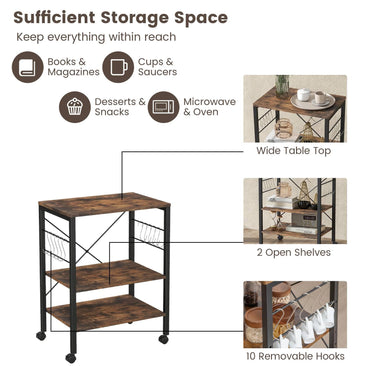 GiantexUK Kitchen Baker's Rack, 3 Tier Serving Cart Microwave Stand with Lockable Wheels & 10 Hooks(2 Adjustable Shelves)