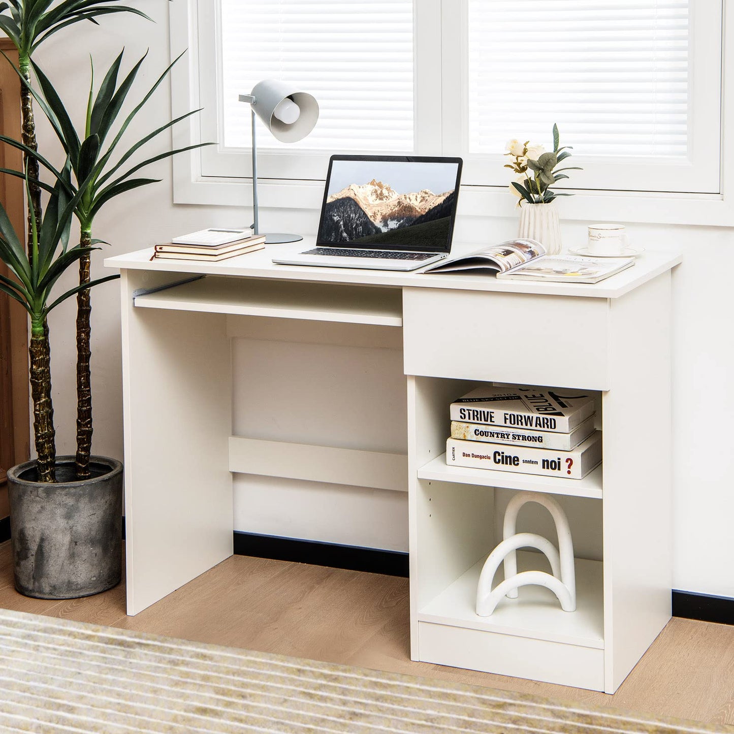 Computer Desk, Wooden PC Laptop Table Writing Workstation with Sliding Keyboard Tray, White