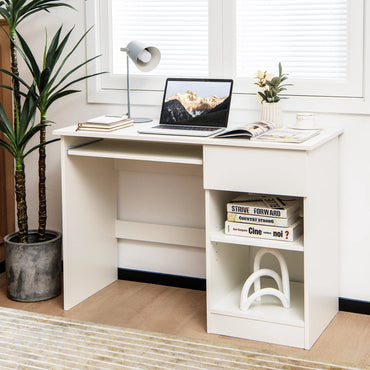 Computer Desk, Wooden PC Laptop Table Writing Workstation with Sliding Keyboard Tray, White