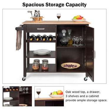 GiantexUK Kitchen Island Cart on Wheels, Mobile Storage Trolley with Oak Wood Countertop