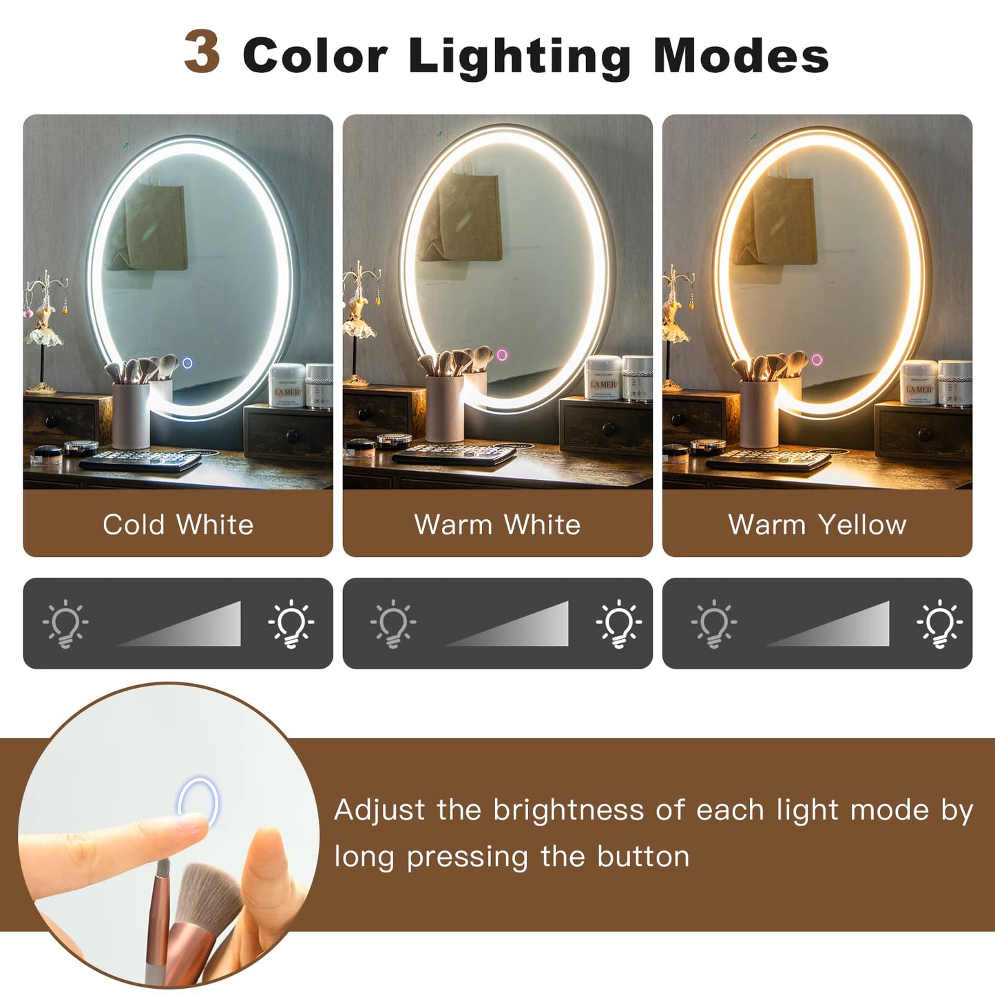 Dressing Table and Stool Set with 3-Color LED Lights Mirror, Wireless/USB Charging Port & 4 Drawer(Rustic Brown)