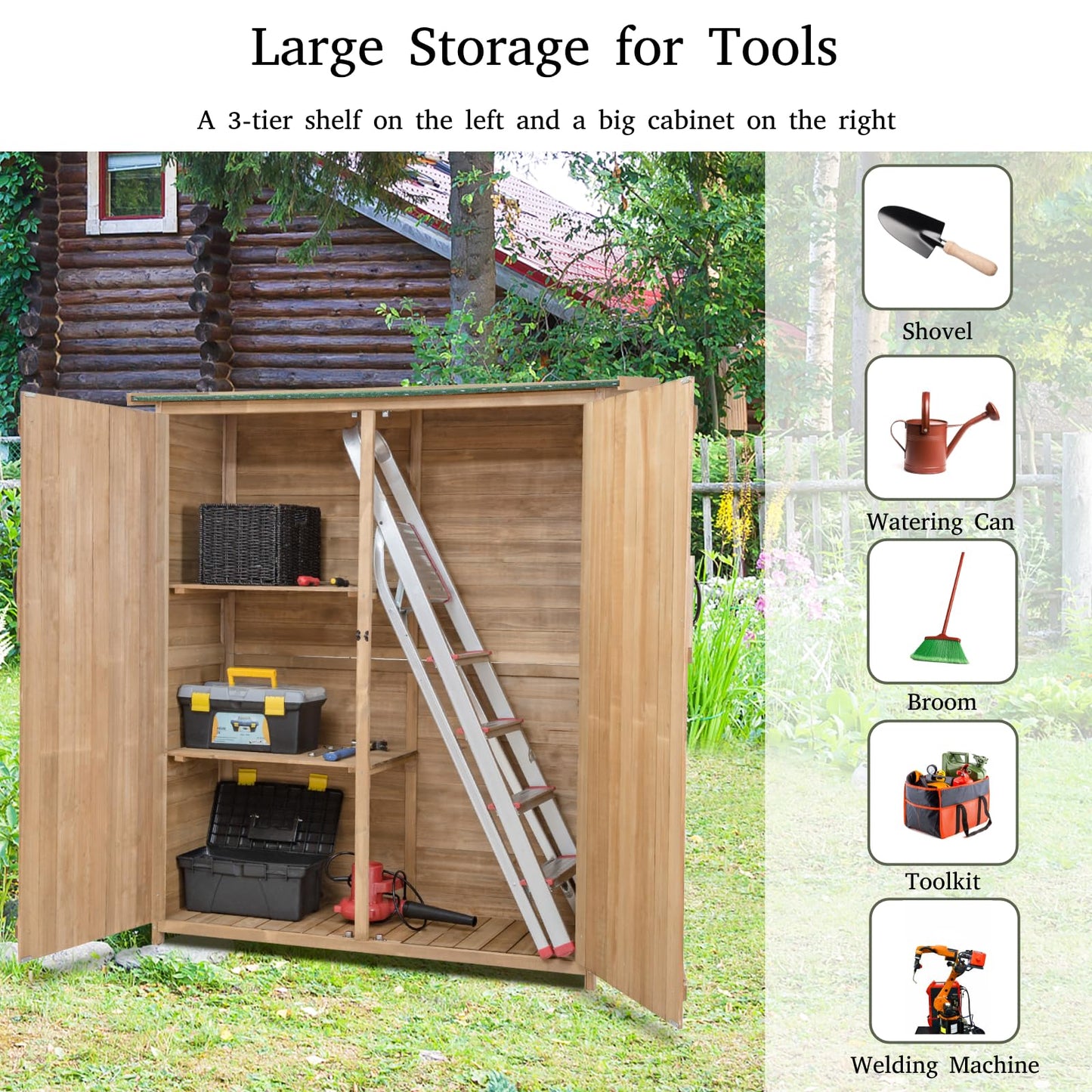 GiantexUK Wooden Garden Shed, Tool Storage Cabinet with 3 Shelves, Asphalt Sloped Roof