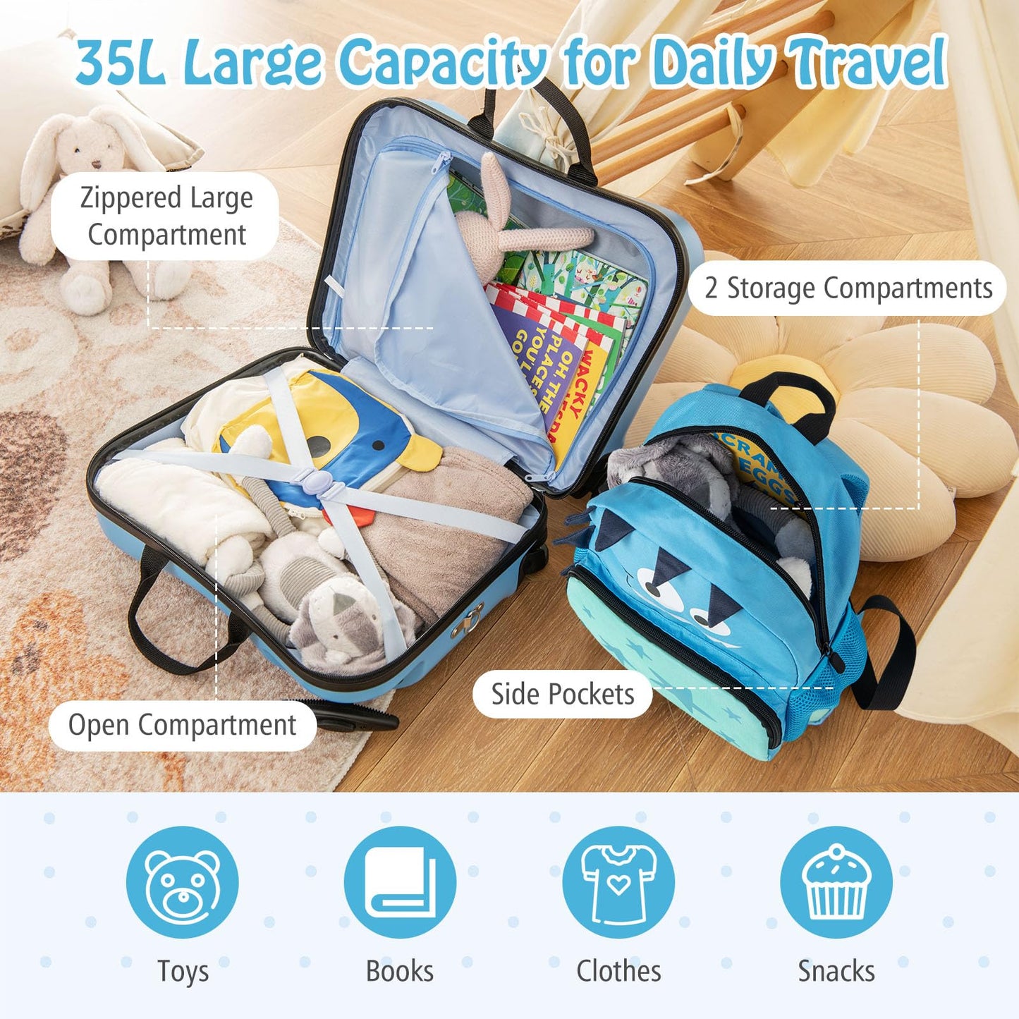 2 PCS Kids Luggage Set, 12” Backpack + 18” Ride-on & Carry-on Suitcase with Footrest (Dinosaur, Blue)