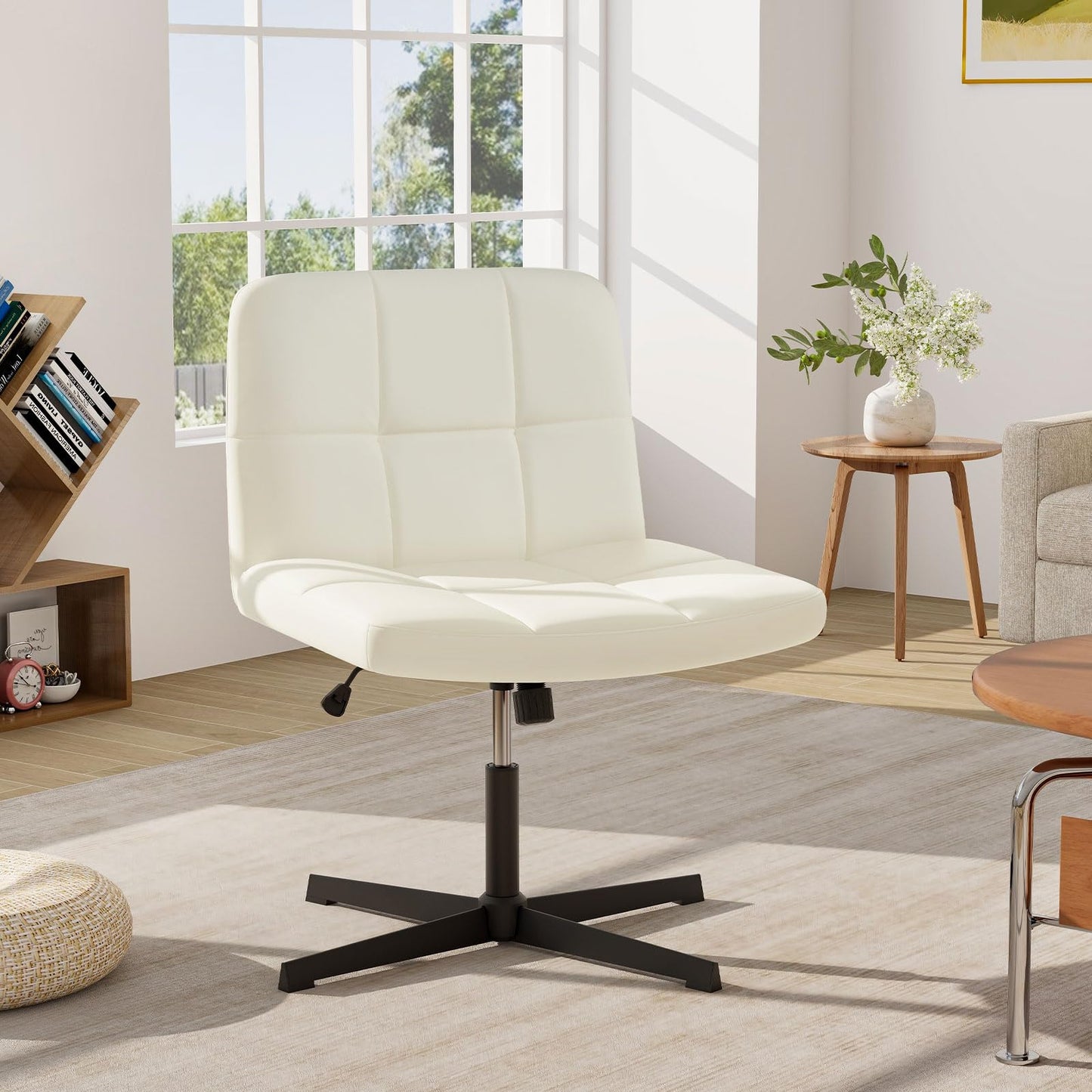 Armless Office Chair, PU Leather Upholstered Cross Legged Computer Desk Chair