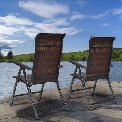 GiantexUK Set of 2 Reclining Folding Chairs, Patio PE Wicker Folding Chair with 5-Position Adjustable High Backrest