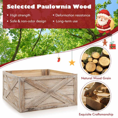 Christmas Tree Box Stand, Wooden Tree Collar Boxes with Hook & Loop Fasteners, Vintage Farmhouse Xmas Trees Skirt 72 x 69 x 37cm