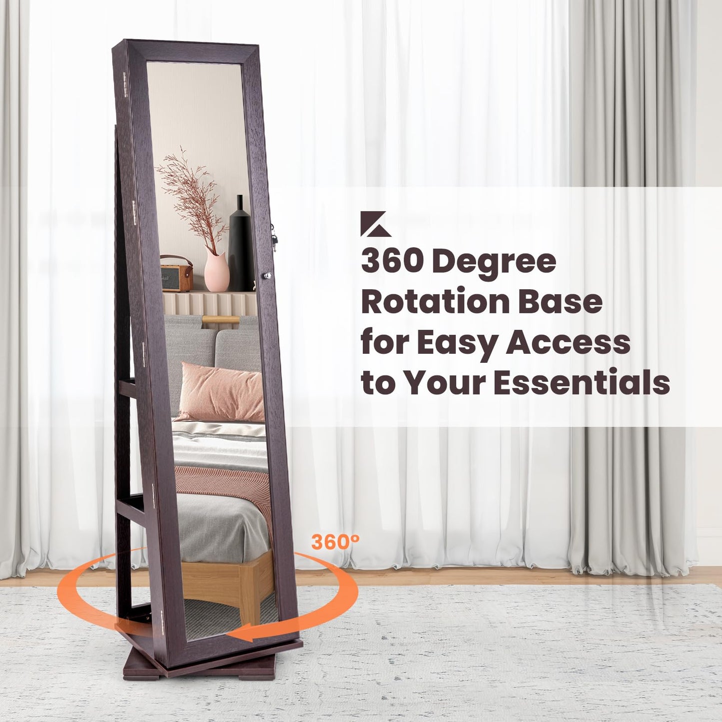 360° Swivel 3-in-1 Jewelry Cabinet, Lockable Jewelry Armoire Storage Unit with Full Length Mirror and Display Shelf