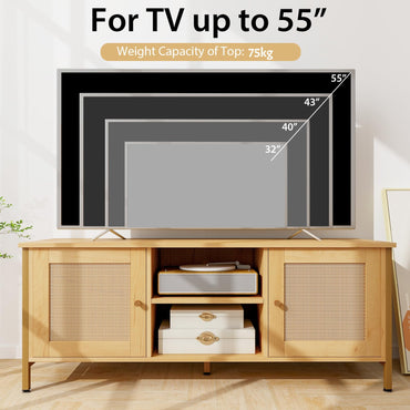 TV Stand for TVs up to 55 Inches, Wooden TV Cabinet Media Entertainment Center with 2 Rattan Effect Doors