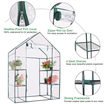 GiantexUK Walk In Greenhouse, 3 Tier Grow House with 4 Mesh Shelves, PVC Cover & Zippered Roll up Door