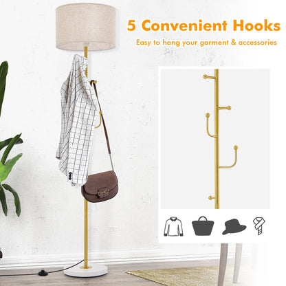 GiantexUK Floor Lamp with Coat Rack, Multi-Purpose Standing Lamp with Linen Fabric Lampshade, 5 Hooks, E27 Socket, Foot Switch & Large Base