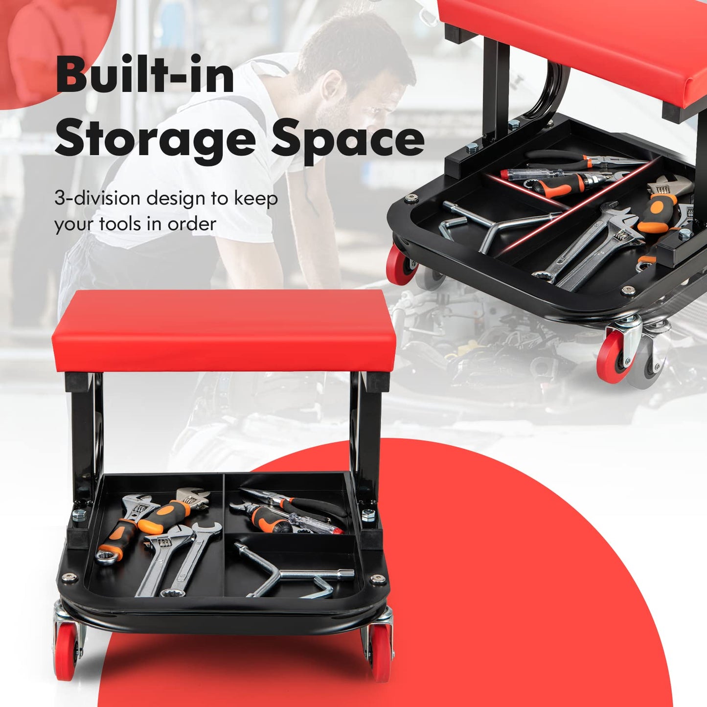 GiantexUK Rolling Mechanic Stool, Padded Creeper Trolley Seat with 4 Swivel Casters and Segmented Tool Tray Storage