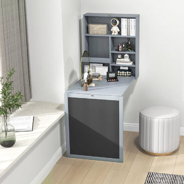 Wall Mounted Computer Desk, Folding Convertible Wall Table with Blackboard & Storage Shelves