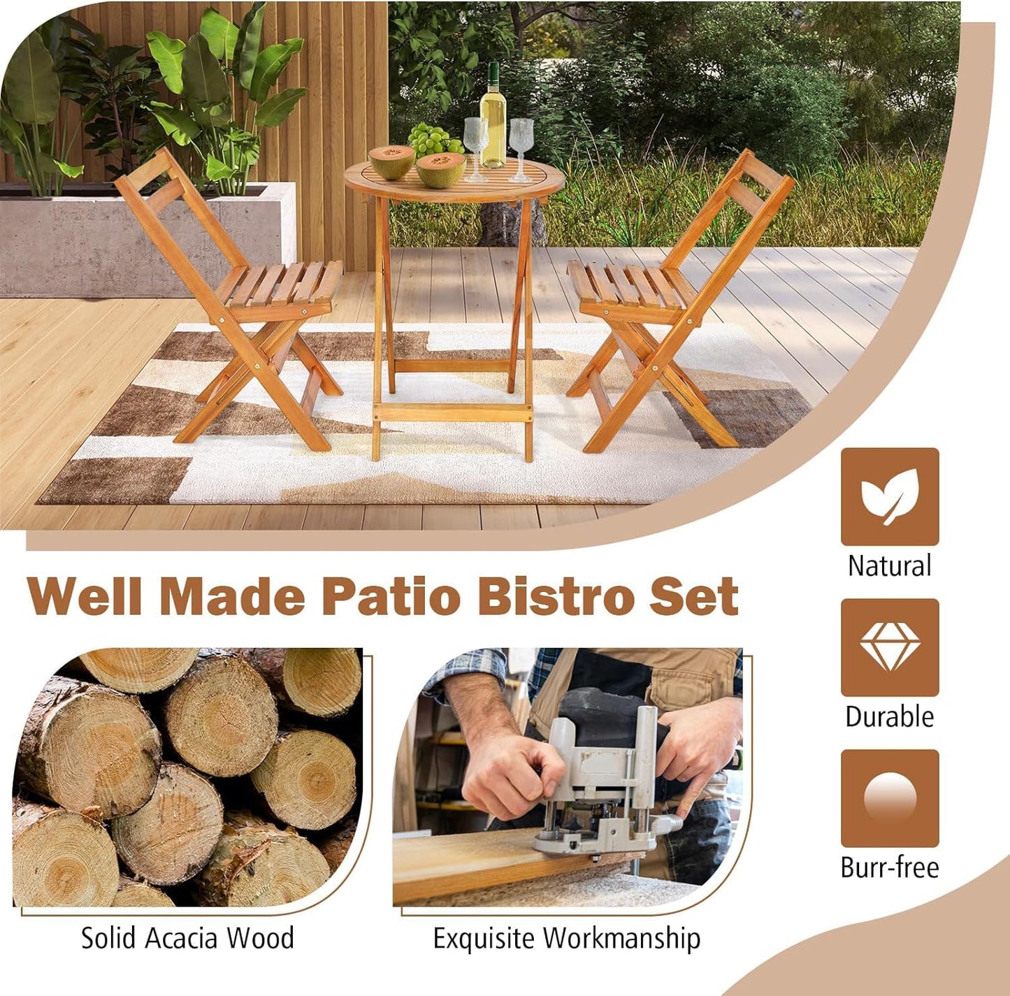 GiantexUK 3PCS Folding Bistro Set, Solid Acacia Wood Table and Chairs with Slatted Tabletop