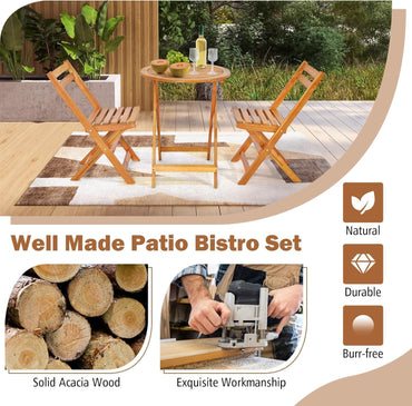 GiantexUK 3PCS Folding Bistro Set, Solid Acacia Wood Table and Chairs with Slatted Tabletop