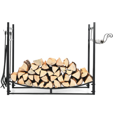 GiantexUK Heavy Duty Firewood Rack, Black Metal Frame Log Baskets with Fireplace Tool Set, Indoor Outdoor Wood Storage Holder(90 x 33 x 77cm)