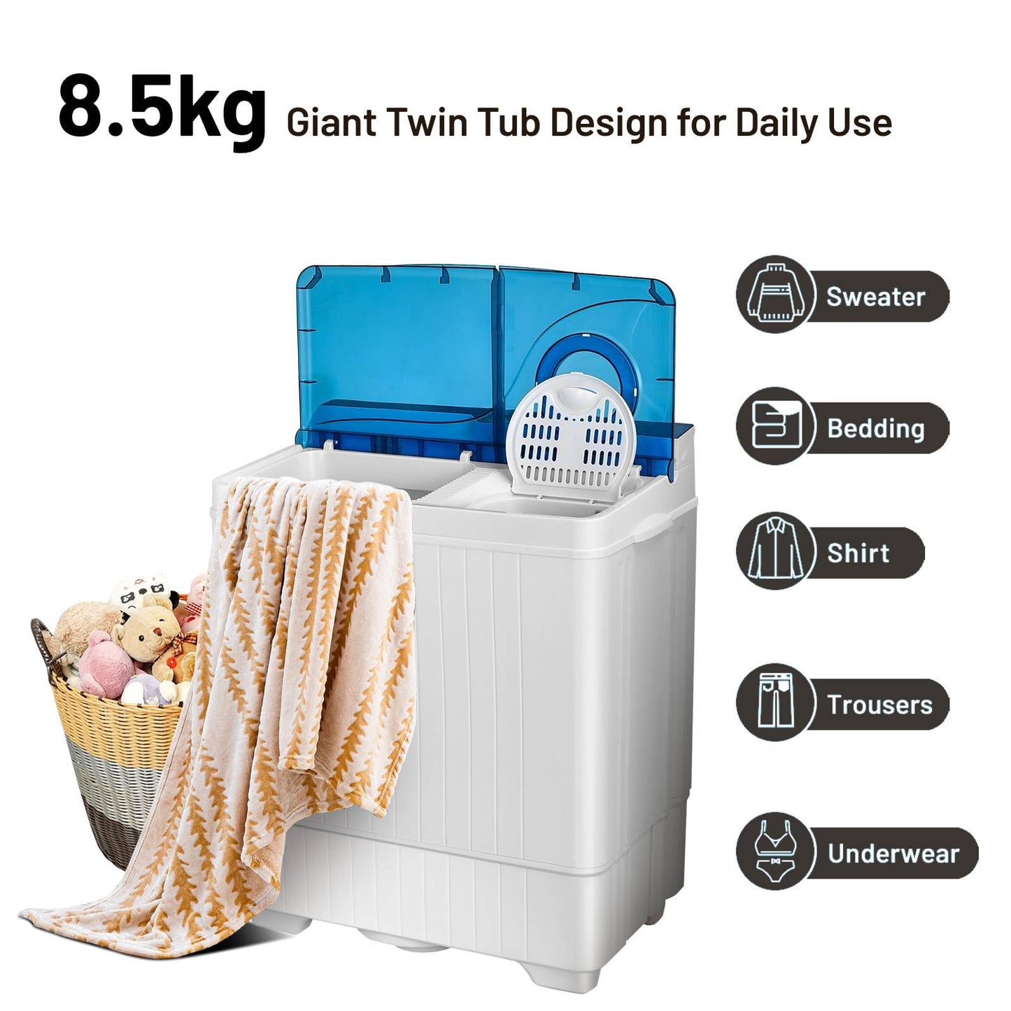 GiantexUK Twin Tub Washing Machine, 8.5KG Washing Machine and Spin Dryer Combo with Drainage & Timer Control (6.5kg Washer 2kg Dryer)