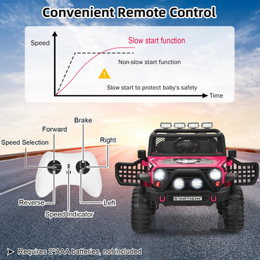 12V Kids Electric Ride on Truck, Battery Powered Off-road Car with Remote Control, LED Lights, Horn, Music, 4 Spring Suspension Wheels Vehicle Toy for Children