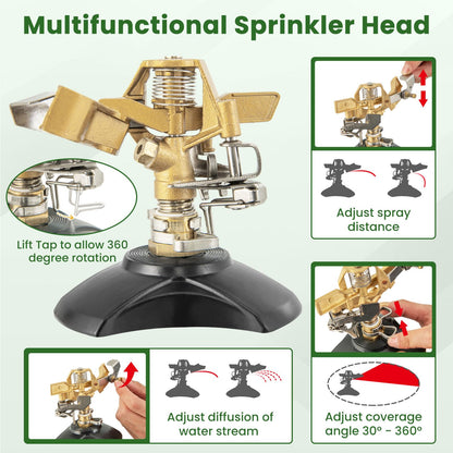 Rotating Tripod Sprinkler, 360°Automatic Rotation Irrigation Water Sprinklers with 11-13.6m Coverage Area & Brass Head