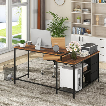 L-Shaped Computer Desk, Convertible Study Writing Workstation with Drawer, Shelves & Charging Station