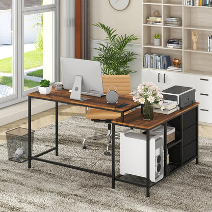 L-Shaped Computer Desk, Convertible Study Writing Workstation with Drawer, Shelves & Charging Station