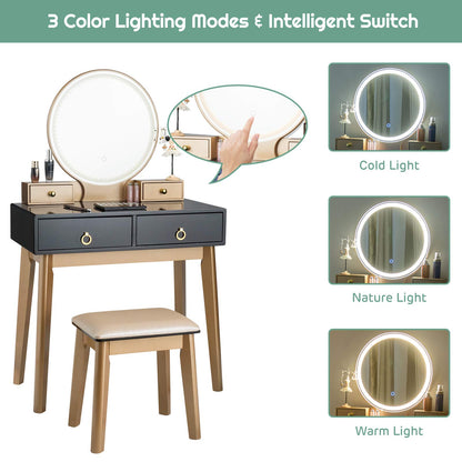 Dressing Table Set with LED Lights and Mirror, Detachable Makeup Dresser Table Stool (Black)