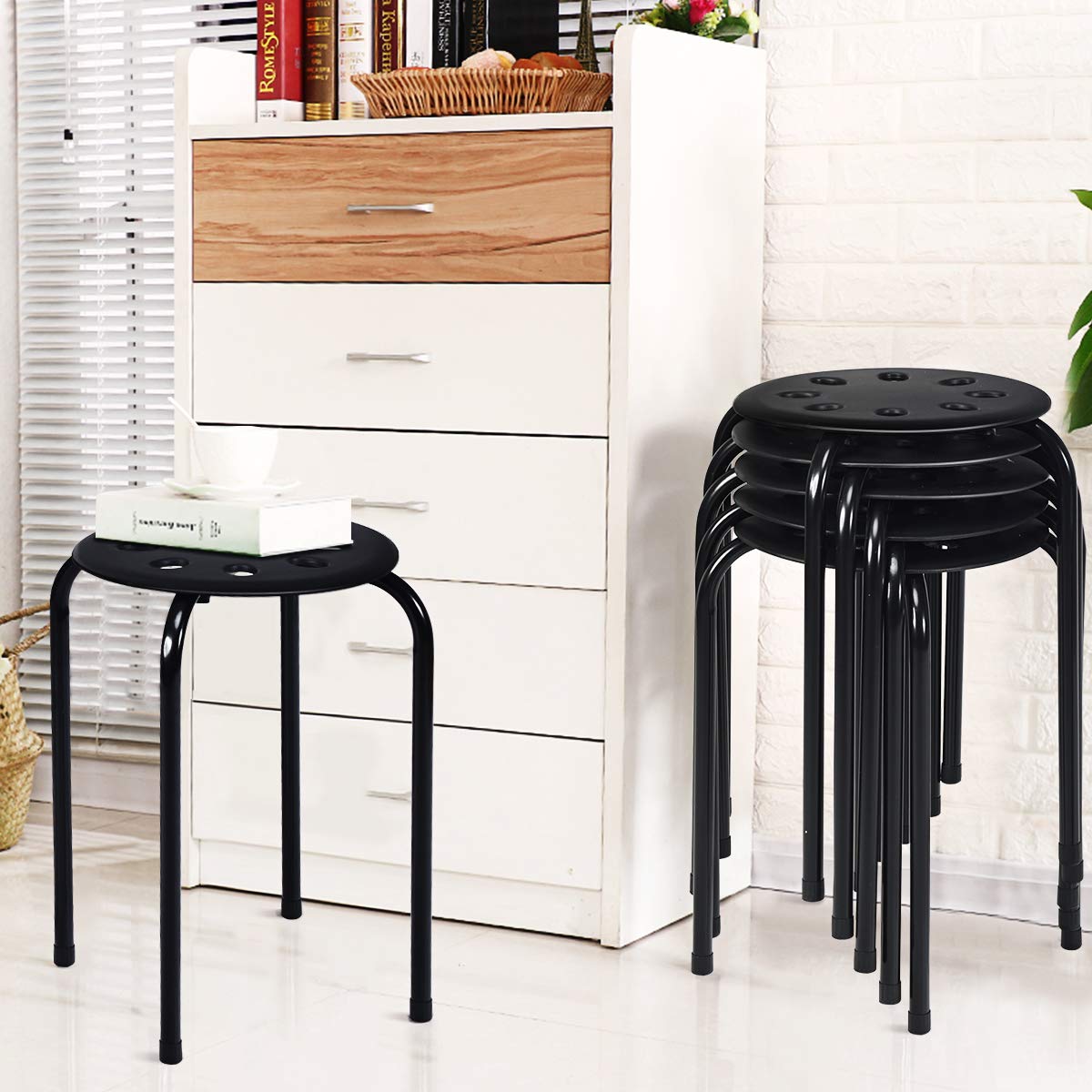 GiantexUK 6PCS Stacking Stools, Set of 6 Plastic Round Bar Stools with Metal Frame & Anti-Slip Foot Mats