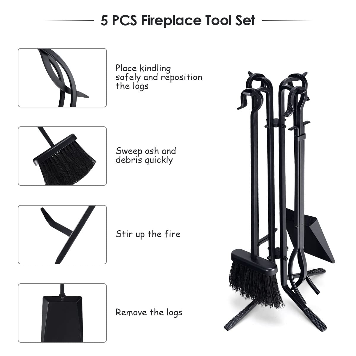 GiantexUK 5-Piece Fireplace Companion Set, Wrought Iron Fire Place Tools Set with Stand, Tong, Shovel, Brush & Poker (Black, 4 Hooks, 4-Point Base)