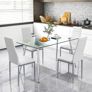 GiantexUK Glass Dining Table, 4-6 Seater Kitchen Table with Metal Legs & Adjustable Foot Pads(Transparent + Silver)